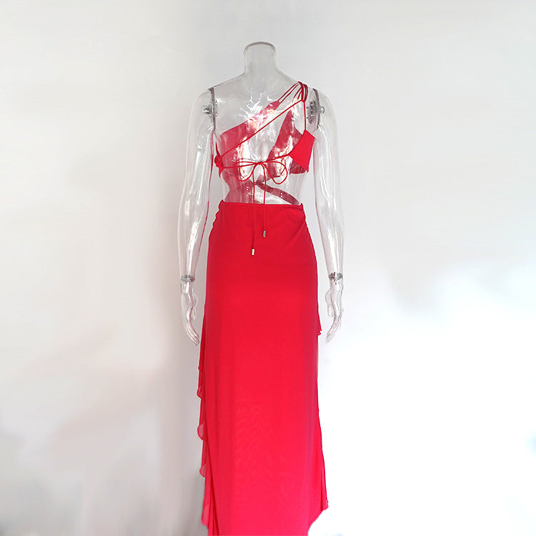 Bold Red Asymmetrical Mini Dress with Ruffles and Cutouts Party Ready for Women