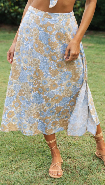 Boho Floral Print Crop Top and Midi Skirt Set for Summer Vacation Outfits
