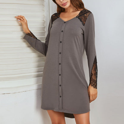 Lace Stitching Nightdress for Women Long Sleeve Soft Loungewear Sleep Dress Comfortable Fit