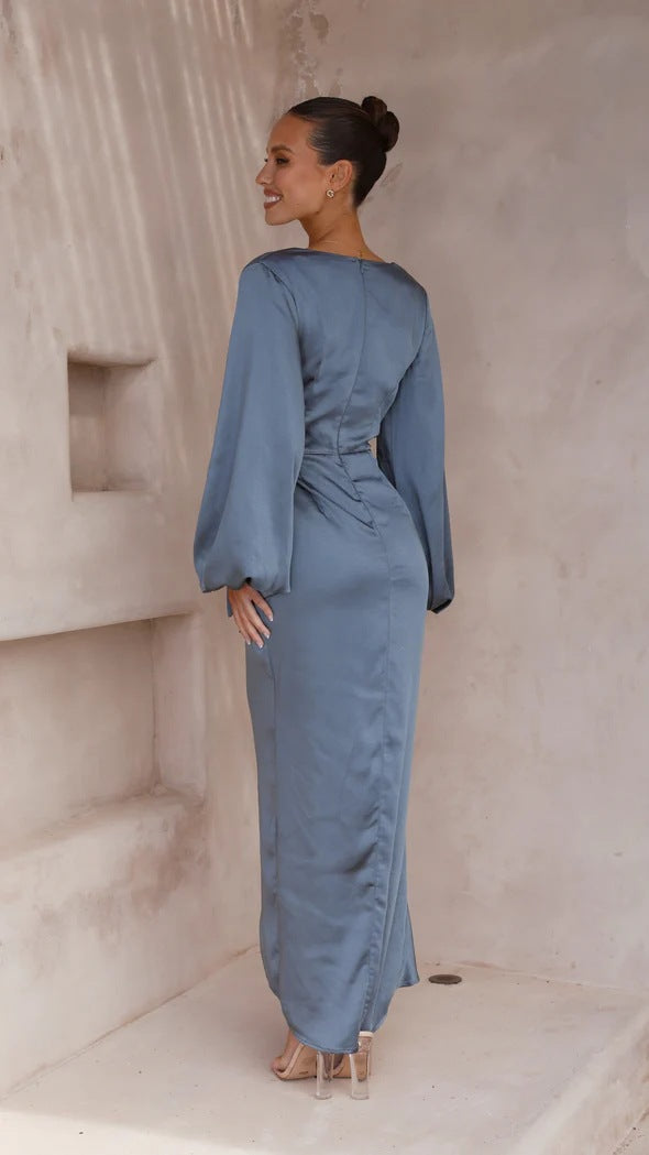 Satin Wrap Mini Dress with Lantern Sleeves Sexy Party Style for Womens Fashion