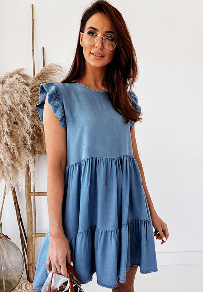 Casual Denim Shift Dress for Women Round Neckline Short Sleeves Daily Wear Summer Style