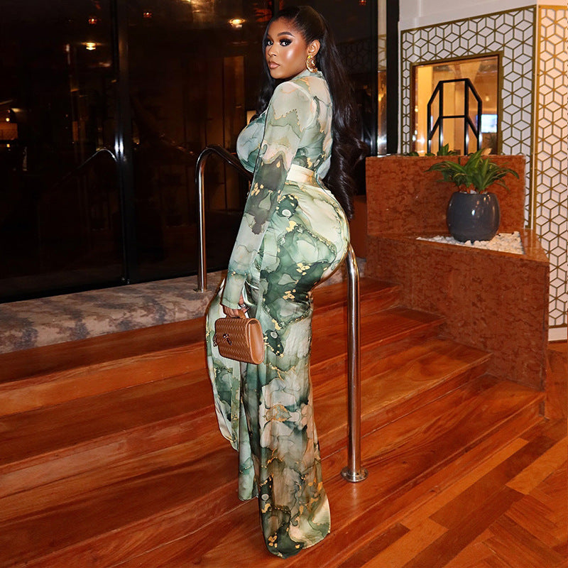 Printed Two Piece Set Long Sleeve Maxi Skirt Outfit Office Fashion for Women