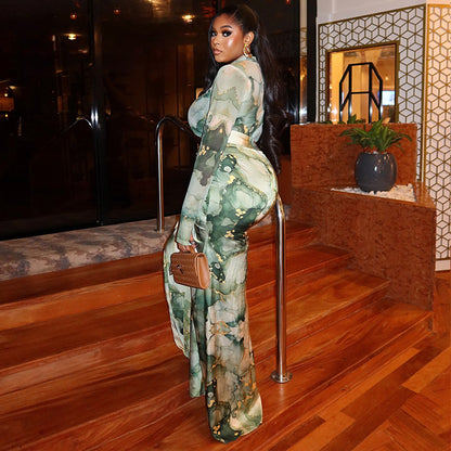 Printed Two Piece Set Long Sleeve Maxi Skirt Outfit Office Fashion for Women