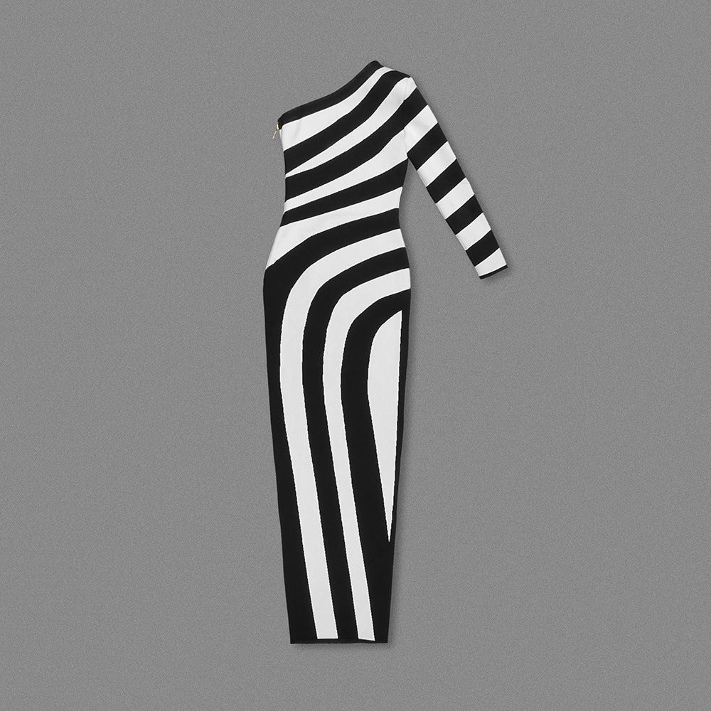 Black and White Striped Maxi Dress with One Shoulder and High Slit for Effortless Chic