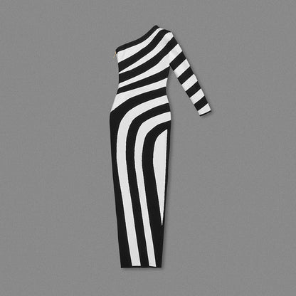 Black and White Striped Maxi Dress with One Shoulder and High Slit for Effortless Chic