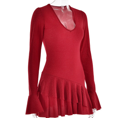 Sultry Bodycon Mini Dress with Flared Sleeves and a Plunging VNeck for Fall Evenings