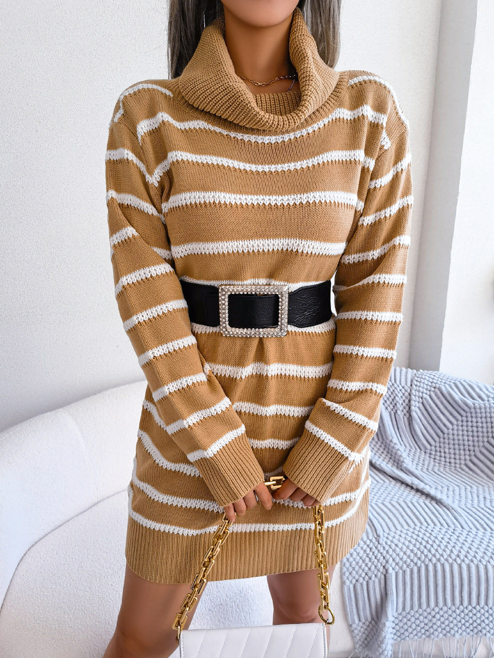 Cozy Turtleneck Striped Sweater Dress for Fall Winter Womens Fashion Base Dress