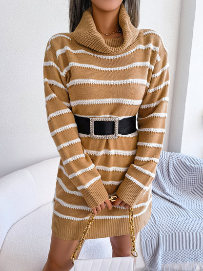 Cozy Turtleneck Striped Sweater Dress for Fall Winter Womens Fashion Base Dress