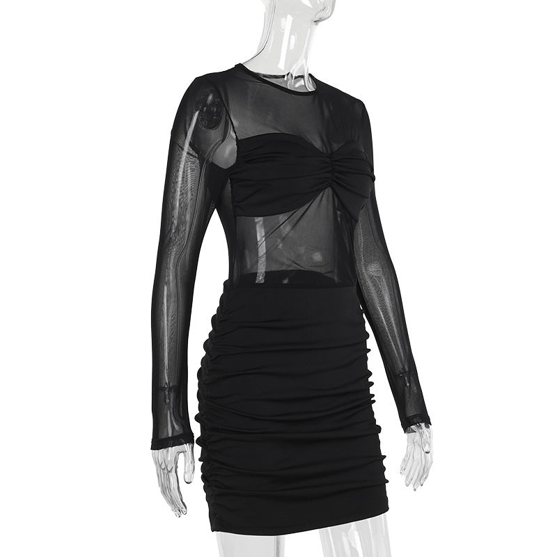 Mesh Panel Mini Dress with Long Sleeves for Women Bodycon Party Dresses