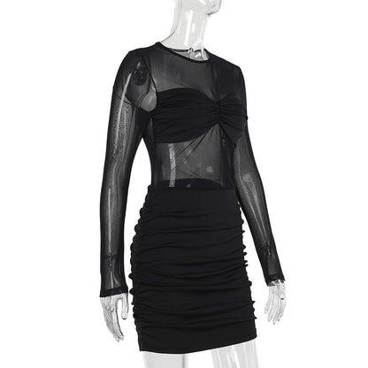 Mesh Panel Mini Dress with Long Sleeves for Women Bodycon Party Dresses