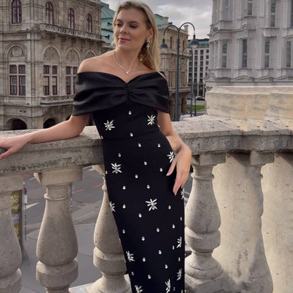 Off Shoulder Maxi Dress Rhinestone Bandage Evening Gown for Women Formal Events