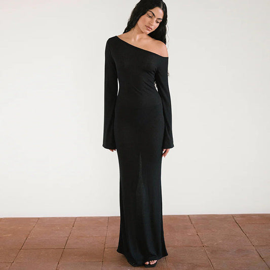 One Shoulder Maxi Dress for Women Solid Color Formal Attire Party Wear Evening Gown
