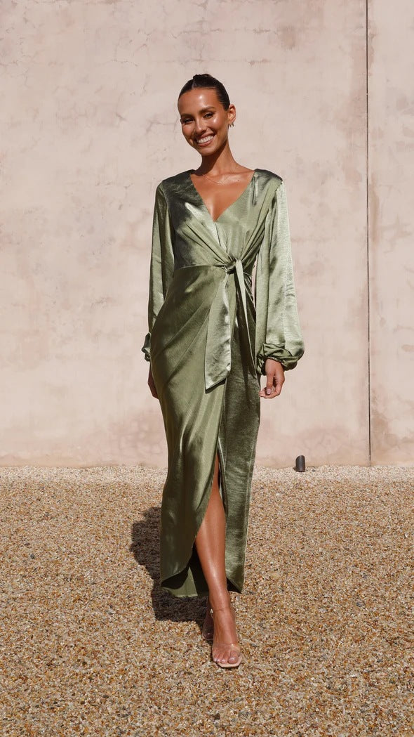 Satin Wrap Mini Dress with Lantern Sleeves Sexy Party Style for Womens Fashion