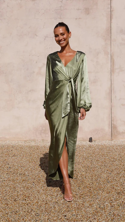 Satin Wrap Mini Dress with Lantern Sleeves Sexy Party Style for Womens Fashion