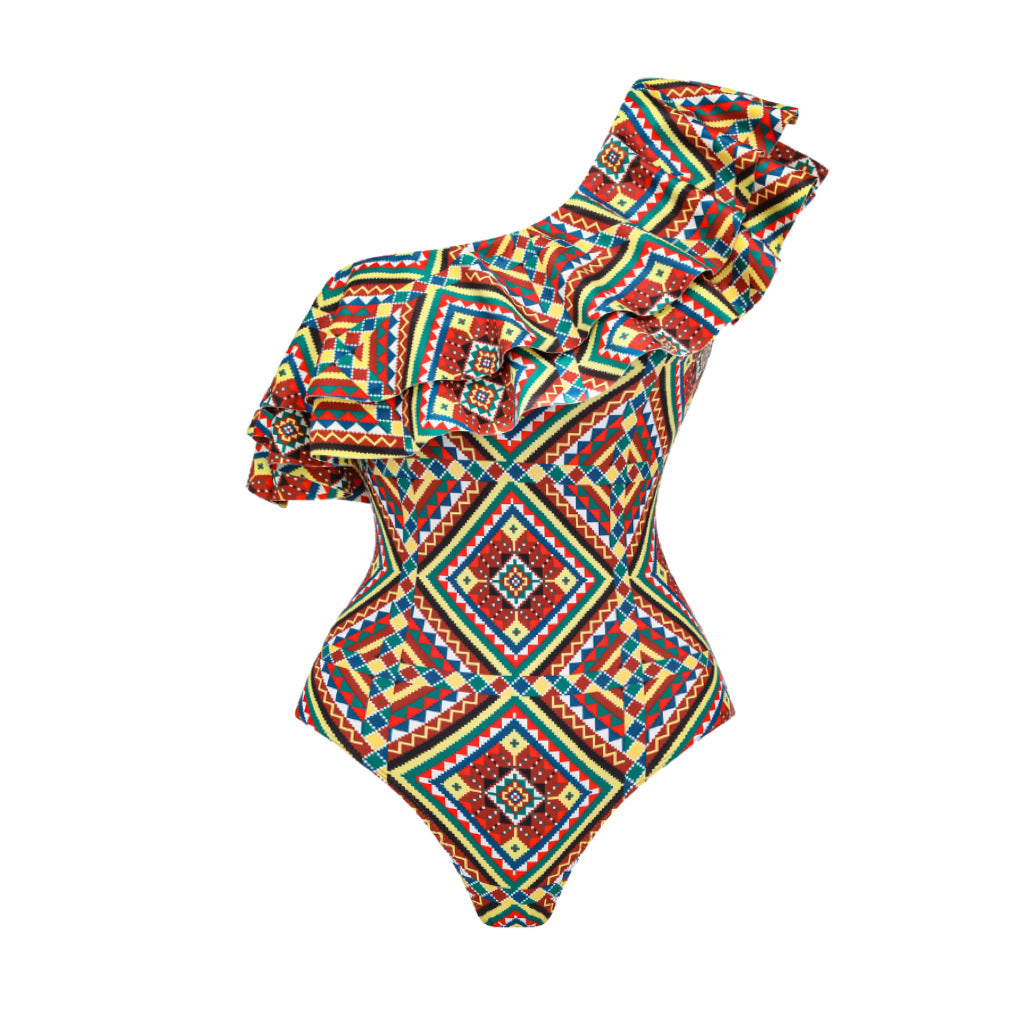 Geometric Print Ruffled Swimsuit Dress Summer Boho Vacation Style Beachwear