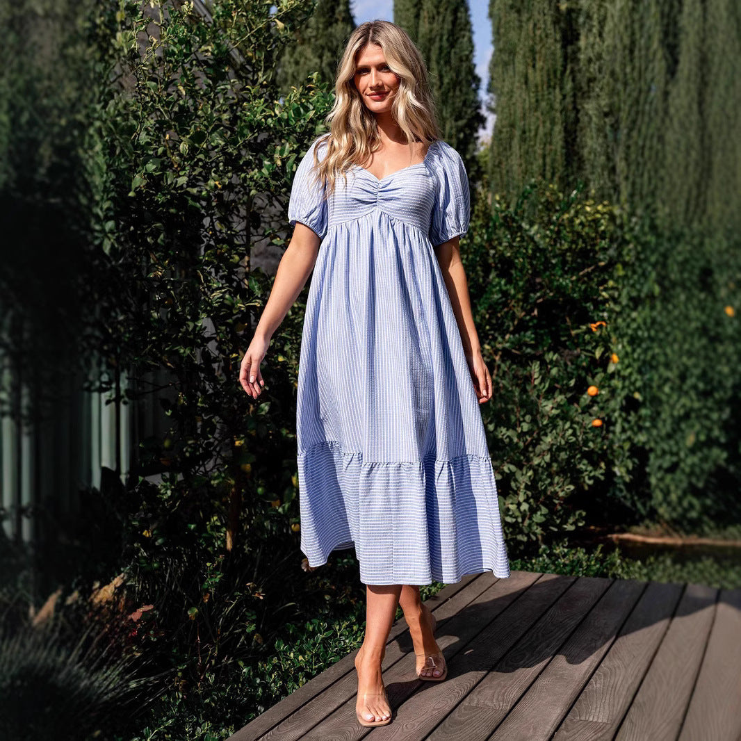 Stripe A Line Dress with Puff Sleeves and V Neck for Effortless Summer Style