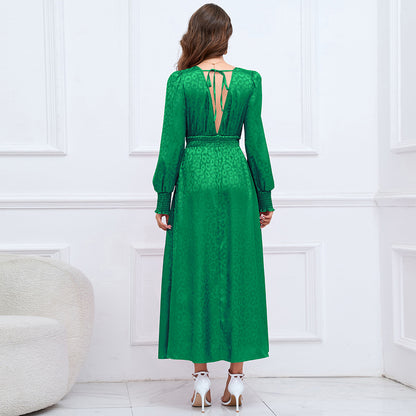 Autumn Leopard Print Maxi Dress VNeck Long Sleeve Ruffled Elegant ALine Dress for Women