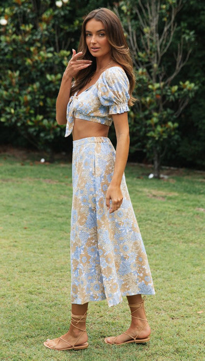 Boho Floral Print Crop Top and Midi Skirt Set for Summer Vacation Outfits