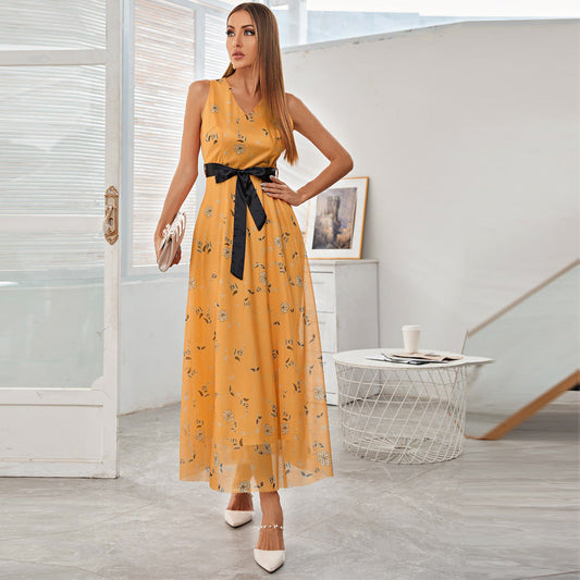 Summer Maxi Dress with a Belt and Floral Print for Elegant Women A Line Dress Style