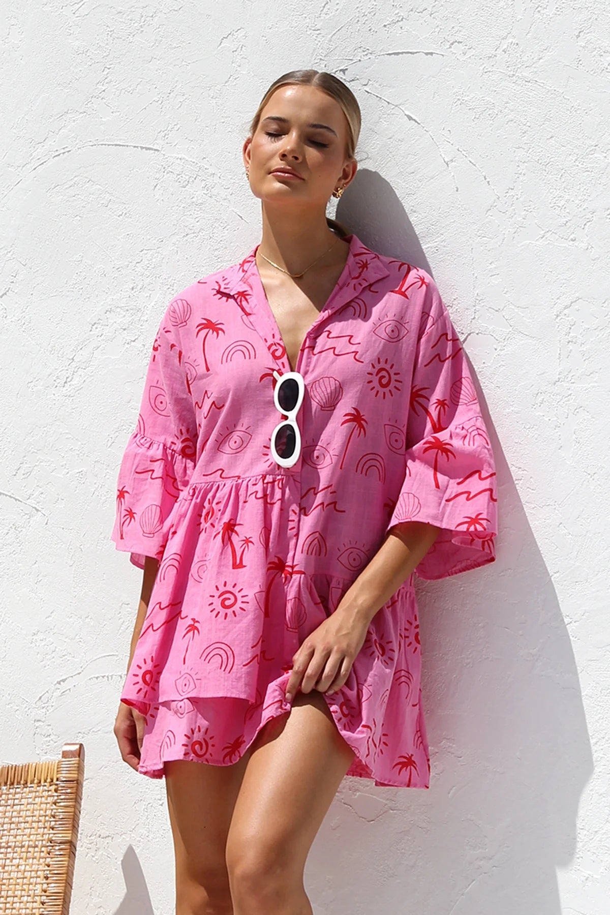 Bohemian Chic Short Dress with Bell Sleeves Lightweight Summer Outfit for Women