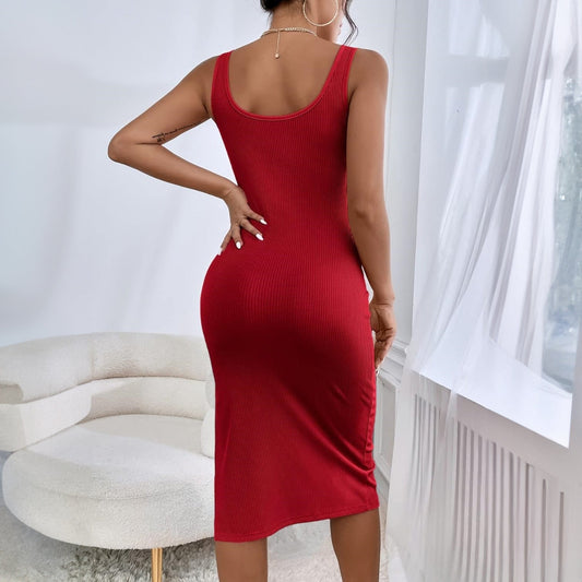 Sultry Summer Midi Dress with Square Neck and Sleek Silhouette Bodycon Dress for Women