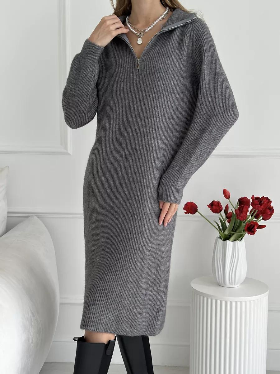 Cozy Chic Knitted Dress Womens Autumn Winter Long Sleeve Midi Dress Simple Versatile Style