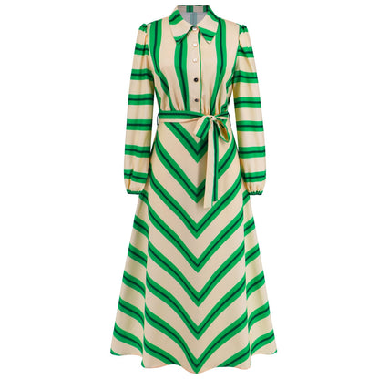 Elegant Striped Maxi Dress with Lantern Sleeves and Button Details for Effortless Style