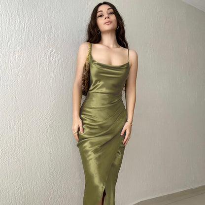 Slinky Satin Maxi Dress with Cowl Neckline and Backless Design for Elegant Evenings