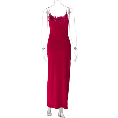 Sultry Velvet Maxi Dress With Metal Chain Accent Perfect Party Outfit Summer Ready
