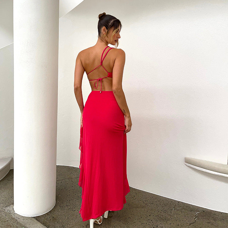 Bold Red Asymmetrical Mini Dress with Ruffles and Cutouts Party Ready for Women