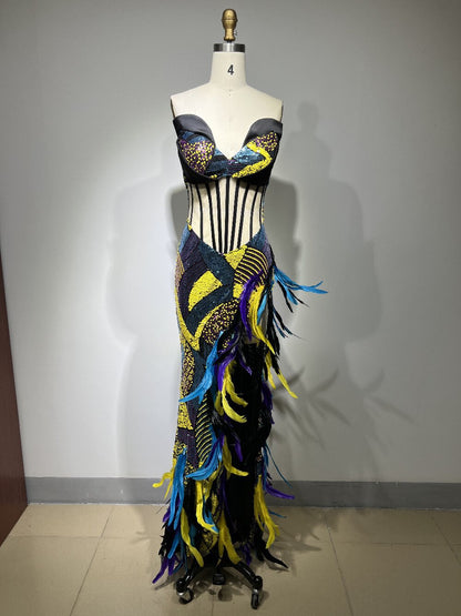 Showstopping Red Carpet Gown with Delicate Beading and Feathered Detailing Formal Dress