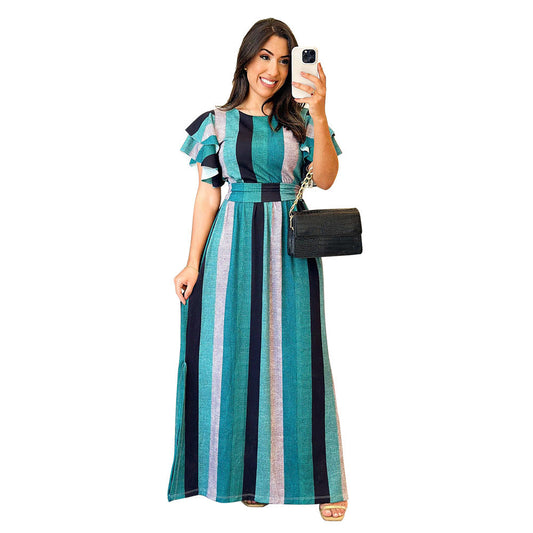 Striped Maxi Dress with Ruffle Sleeves and Belted Waist for Summer Days