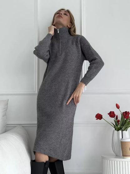 Cozy Chic Knitted Dress Womens Autumn Winter Long Sleeve Midi Dress Simple Versatile Style