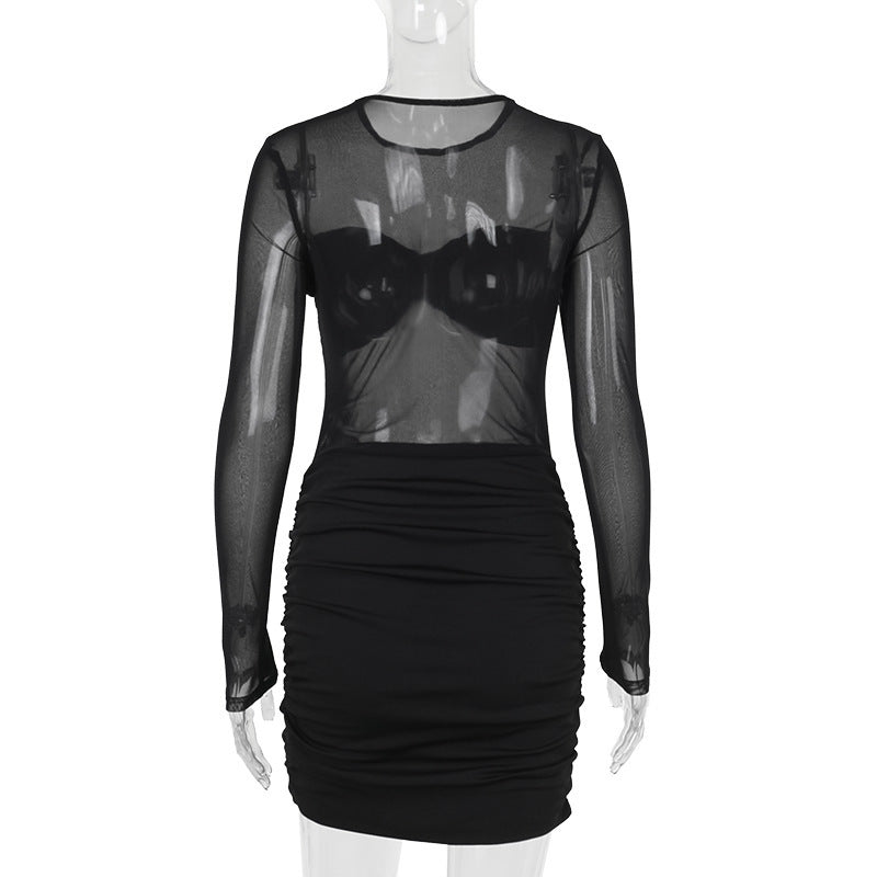 Mesh Panel Mini Dress with Long Sleeves for Women Bodycon Party Dresses