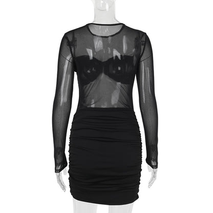 Mesh Panel Mini Dress with Long Sleeves for Women Bodycon Party Dresses