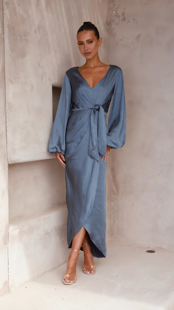 Satin Wrap Mini Dress with Lantern Sleeves Sexy Party Style for Womens Fashion