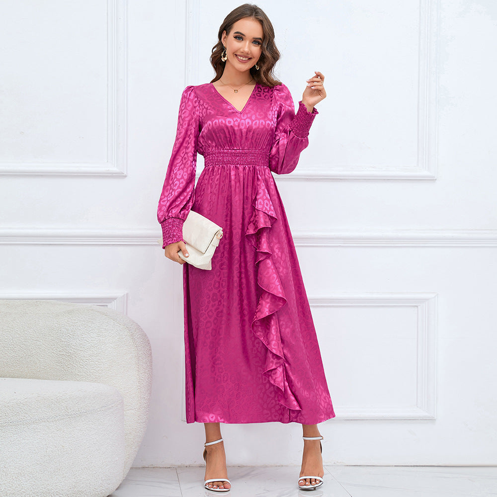 Autumn Leopard Print Maxi Dress VNeck Long Sleeve Ruffled Elegant ALine Dress for Women