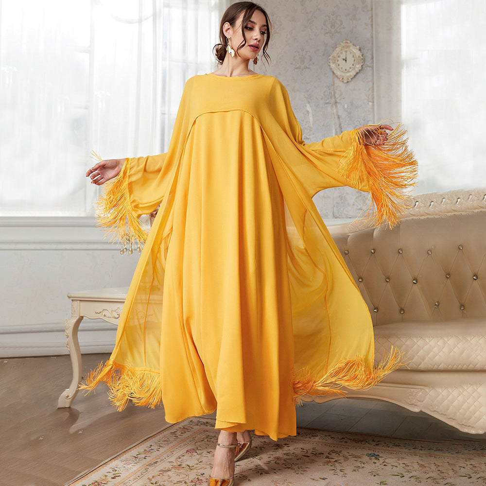 Effortless Chic Maxi Dress with Tassels and Mesh Sleeves for Spring and Fall Style Staple