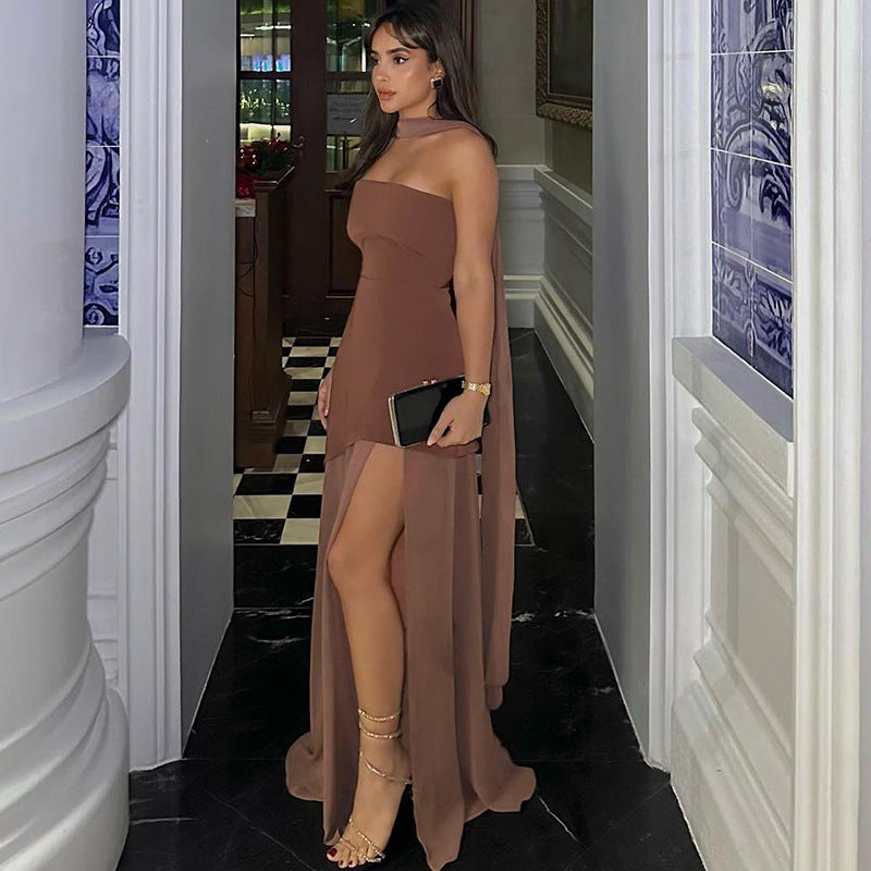 Backless Maxi Dress for Women Chic Slim Fit Party Dress with Scarf Collar