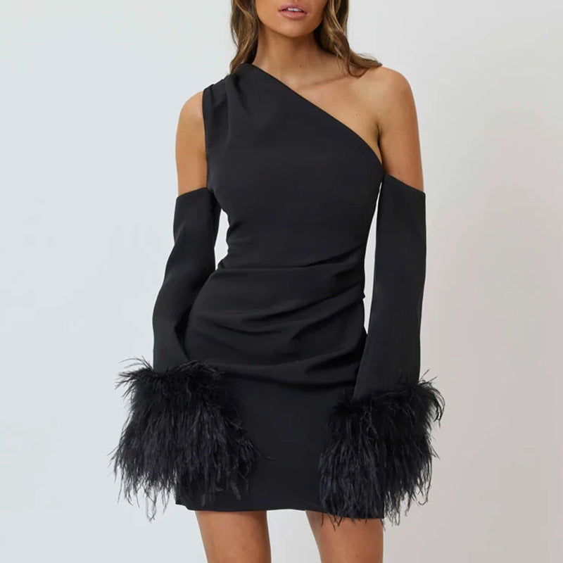 Asymmetrical Mini Dress with Trumpet Sleeves Party Ready Feathered Details for a Night Out