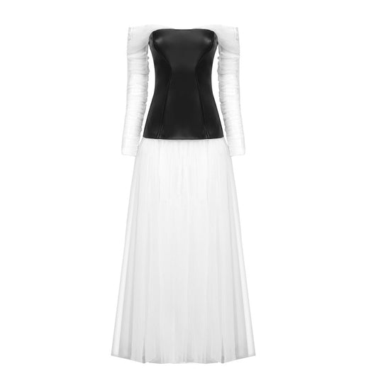 White Maxi Dress with Patchwork and Mesh Detailing Formal Wear for Women
