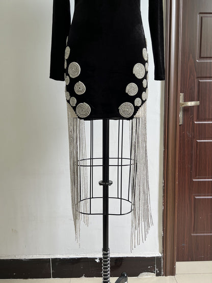 Black Corduroy Bodycon Blazer Dress Fringe Hem Long Sleeve Elegant Party Outfit