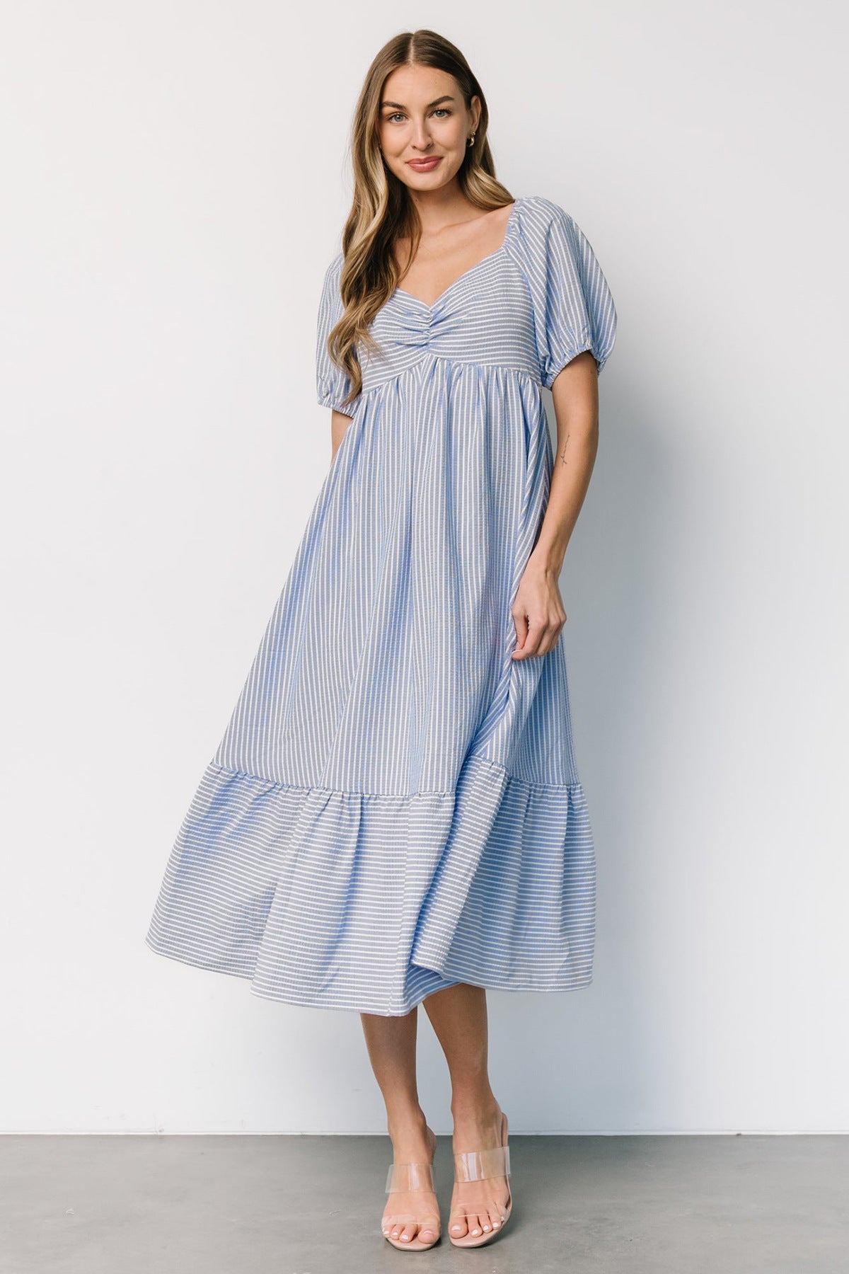 Stripe A Line Dress with Puff Sleeves and V Neck for Effortless Summer Style