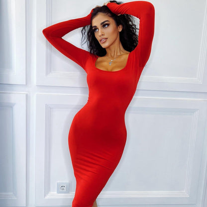 Bodycon Dress with Long Sleeves Stylish Autumn Midi Dress for Women Solid Color Fashion