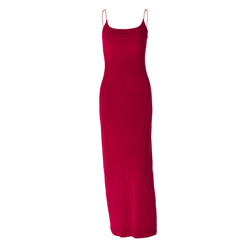 Sultry Velvet Maxi Dress With Metal Chain Accent Perfect Party Outfit Summer Ready