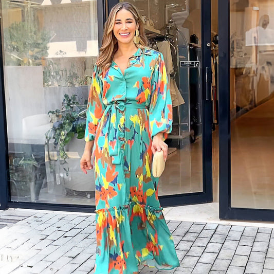 Collared Maxi Dress with Lantern Sleeves and Tie Dye Print for Women Office Attire