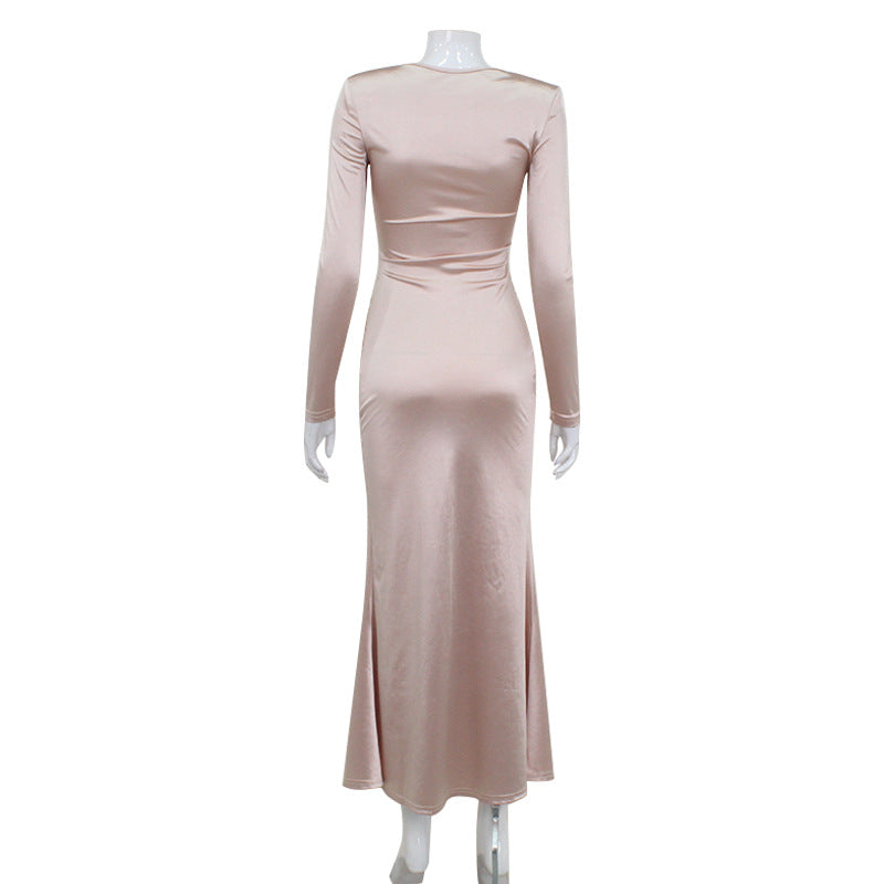 Elegant Satin Maxi Dress for Women Slim Fit with Long Sleeves and Tied Waist Spring Fashion