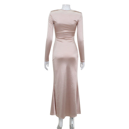 Elegant Satin Maxi Dress for Women Slim Fit with Long Sleeves and Tied Waist Spring Fashion