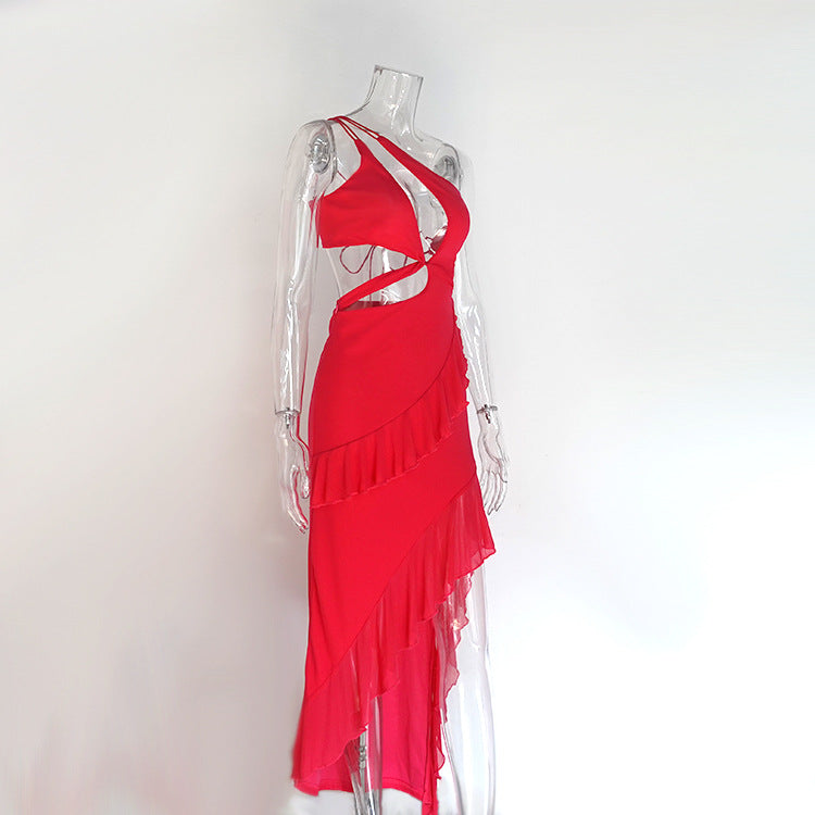 Bold Red Asymmetrical Mini Dress with Ruffles and Cutouts Party Ready for Women