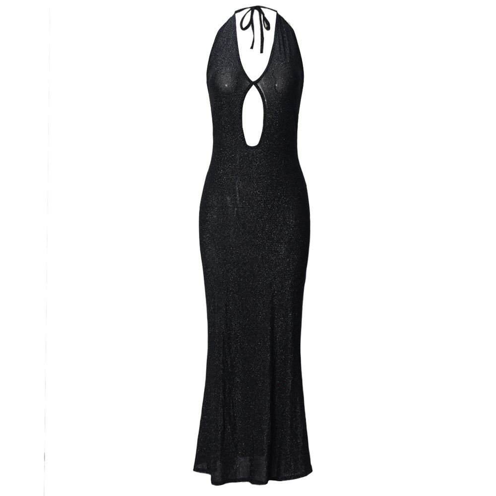 Sparkling Pink Maxi Dress with Halter Neckline and Cutout Details Glamorous Evening Wear